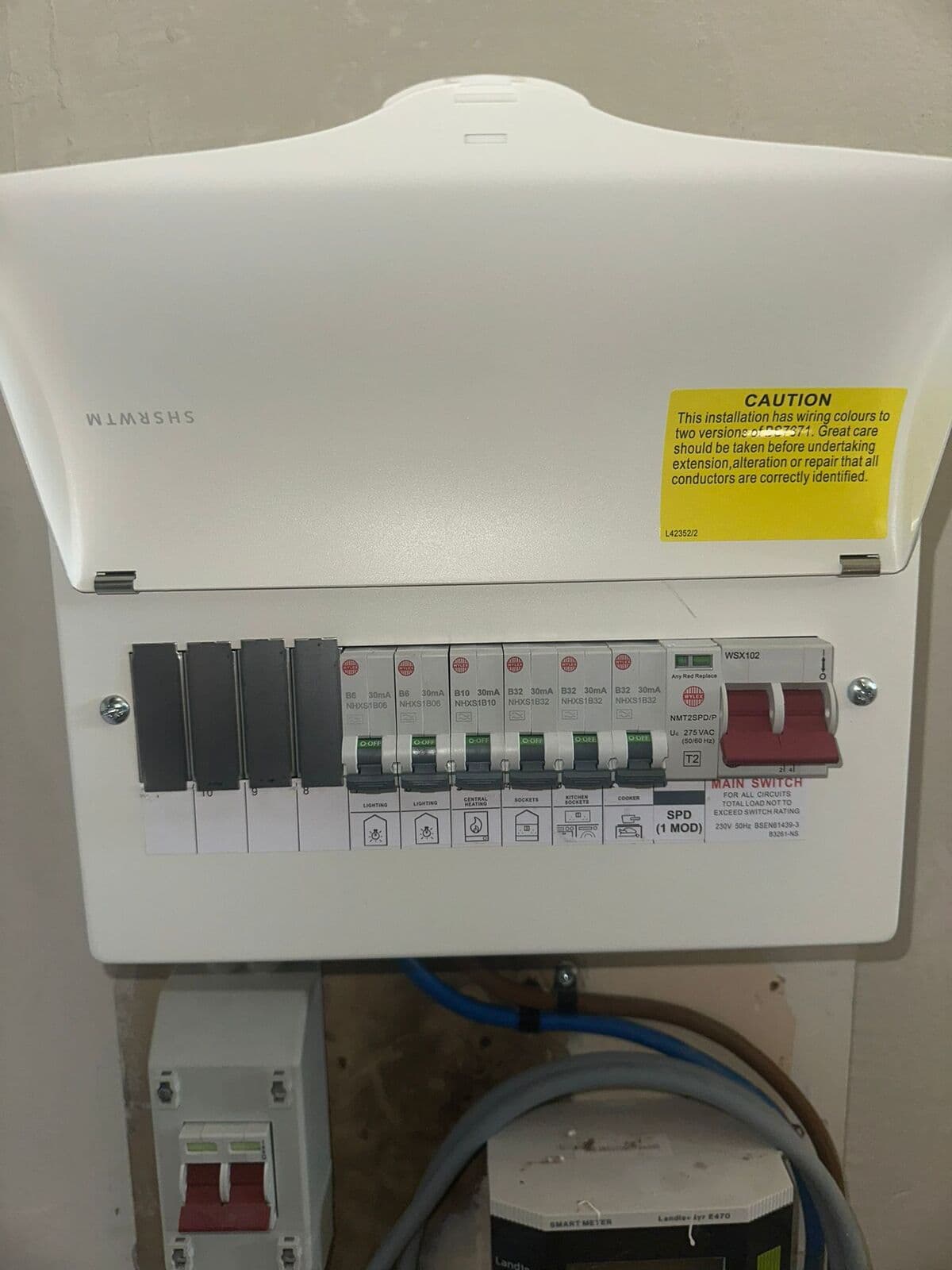Finished consumer unit with the cover closed and warning label fitted